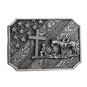 Bältespänne cowboy kors flagga kristen USA Antik silver