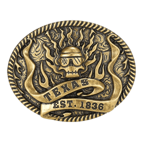 Bältespänne western i antik metall med symbolmotiv Dödskalle