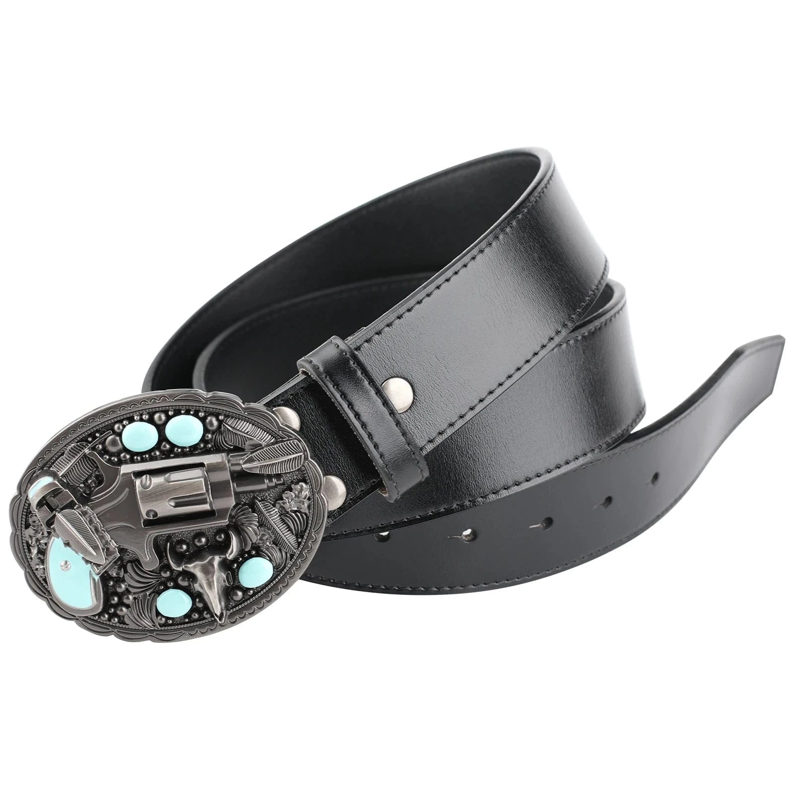 Bältesspänne med revolver turkos stenar western stil Antiksilver