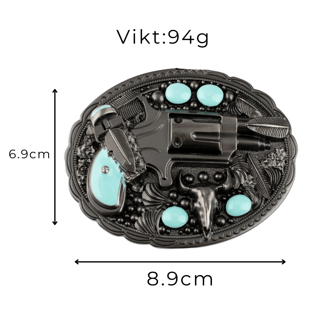 Bältesspänne med revolver turkos stenar western stil Antiksilver
