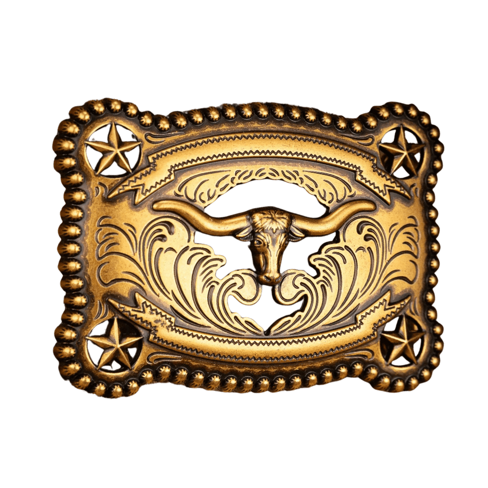 Bältesspänne med tjurhuvud och stjärnor retro western stil Antikguld