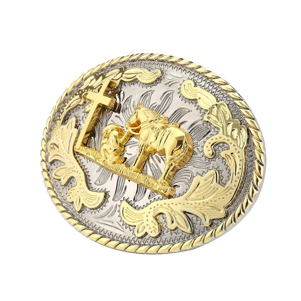 Bältesspänne western med kors och hästmotiv Silver och guld