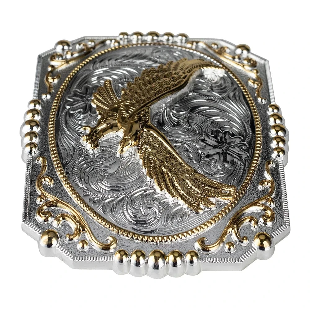 Bältesspänne western stil med detaljer i guld och silver eleganta motiv