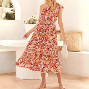 Blommig one shoulder-klänning