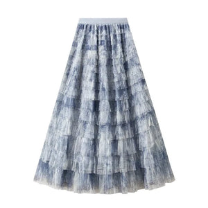 Bohemisk tyllkjol med tie-dye mönster Blå / M