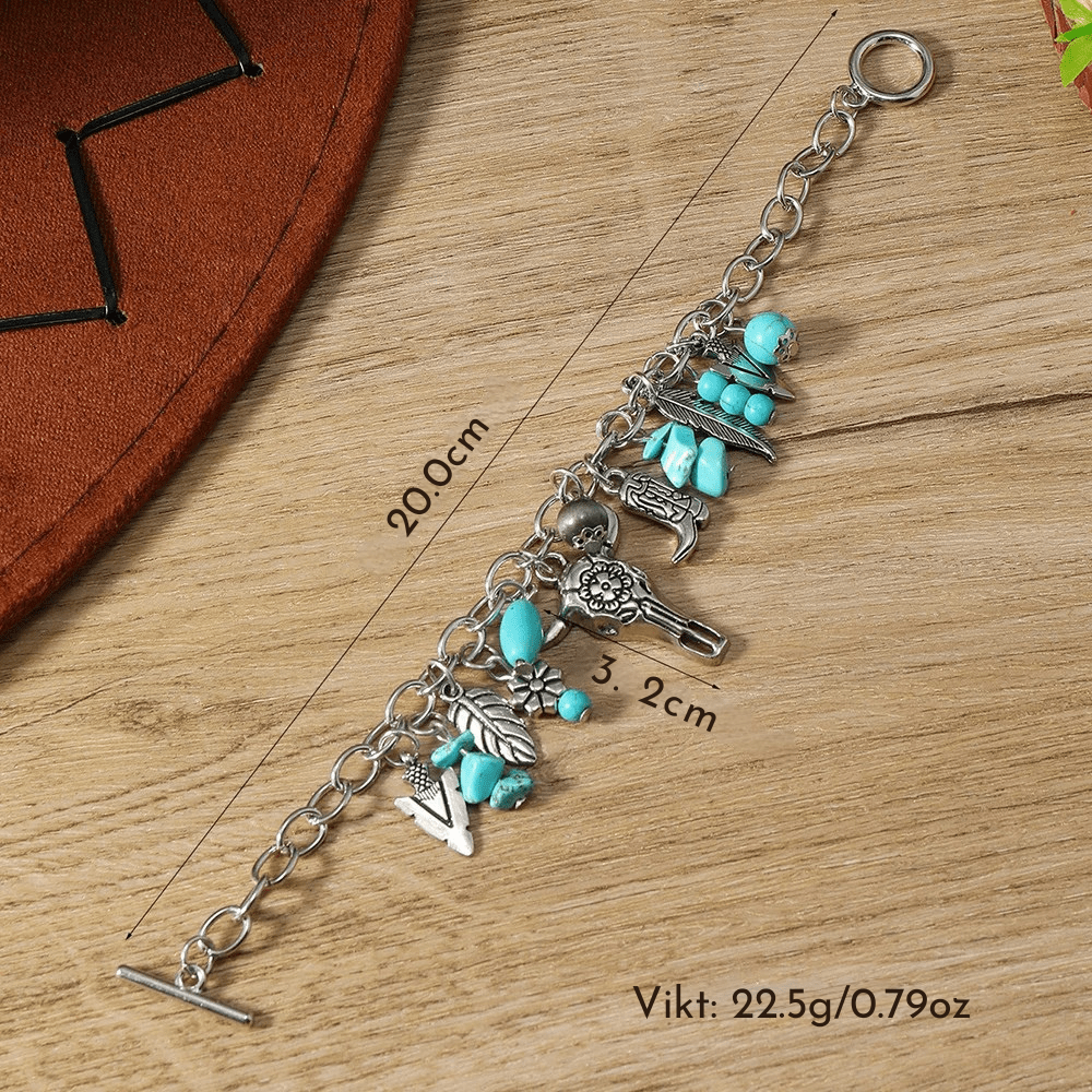 Boho Läderarmband med Turkosa Pärlor och Berlocker