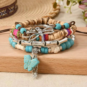 Boho Läderarmband med Turkosa Pärlor och Berlocker Stil 4st fjäril