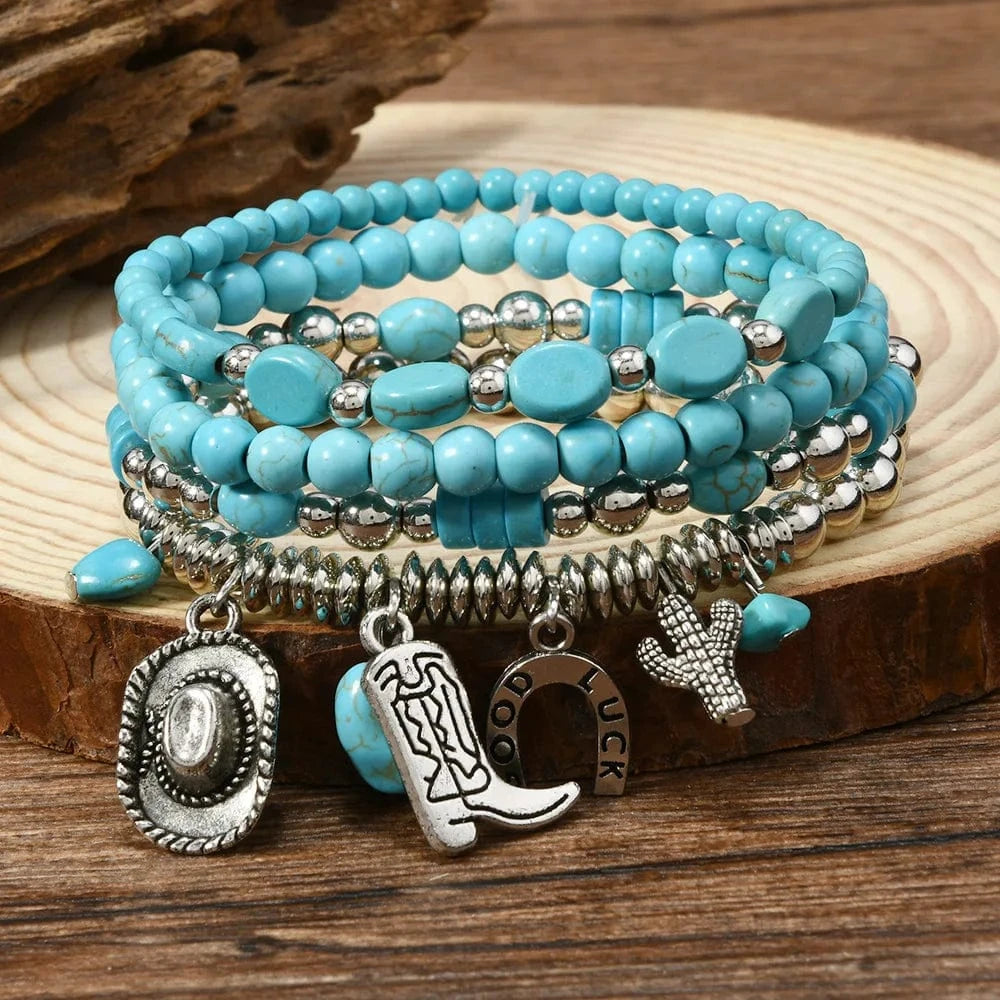 Boho Läderarmband med Turkosa Pärlor och Berlocker Stil 4st turkos