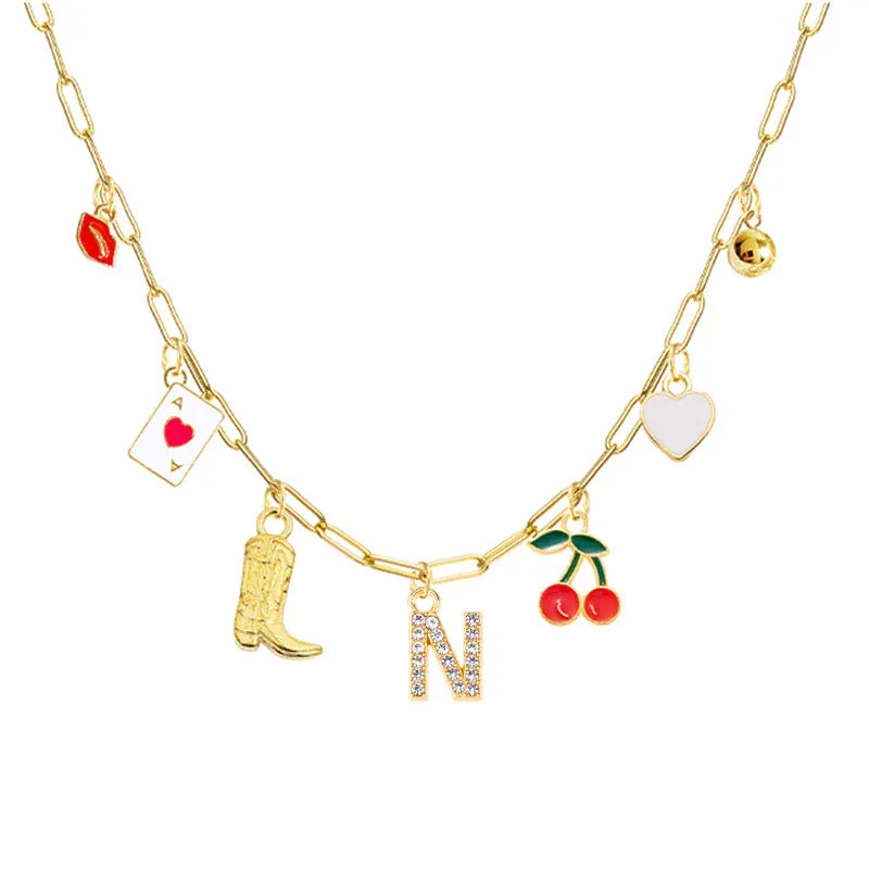 Boho Red Lips Cherry Heart Letter Charm Necklace Gold Plated Boots Crystal Initials Necklaces Cowgirl Beach Jewelry N