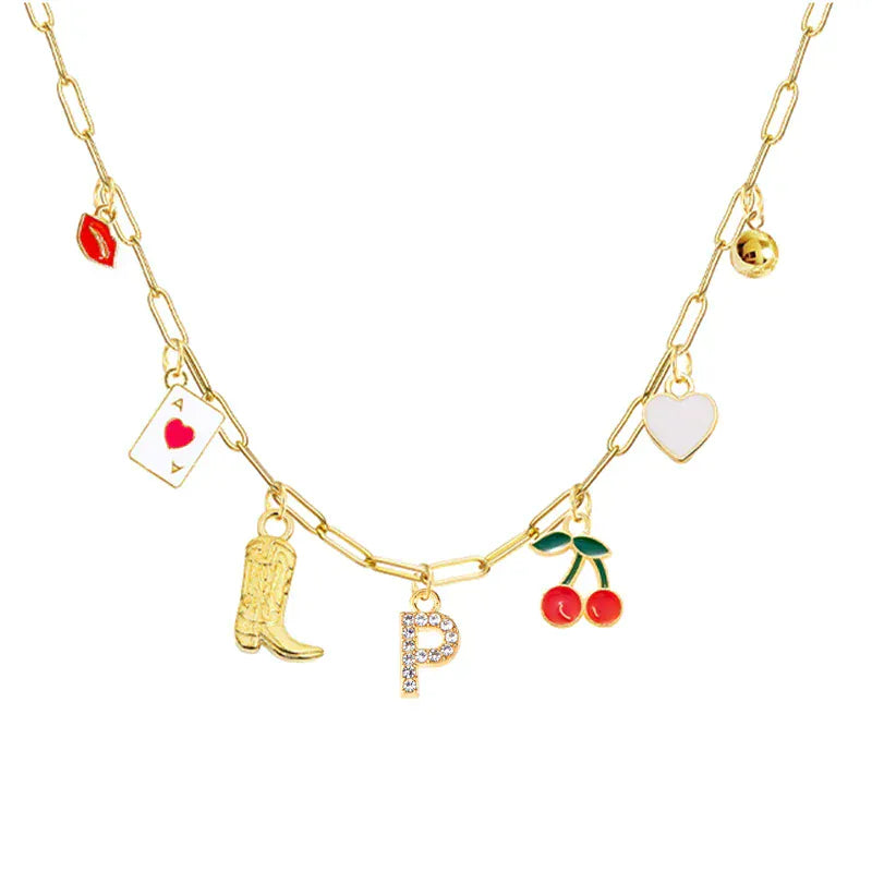 Boho Red Lips Cherry Heart Letter Charm Necklace Gold Plated Boots Crystal Initials Necklaces Cowgirl Beach Jewelry P