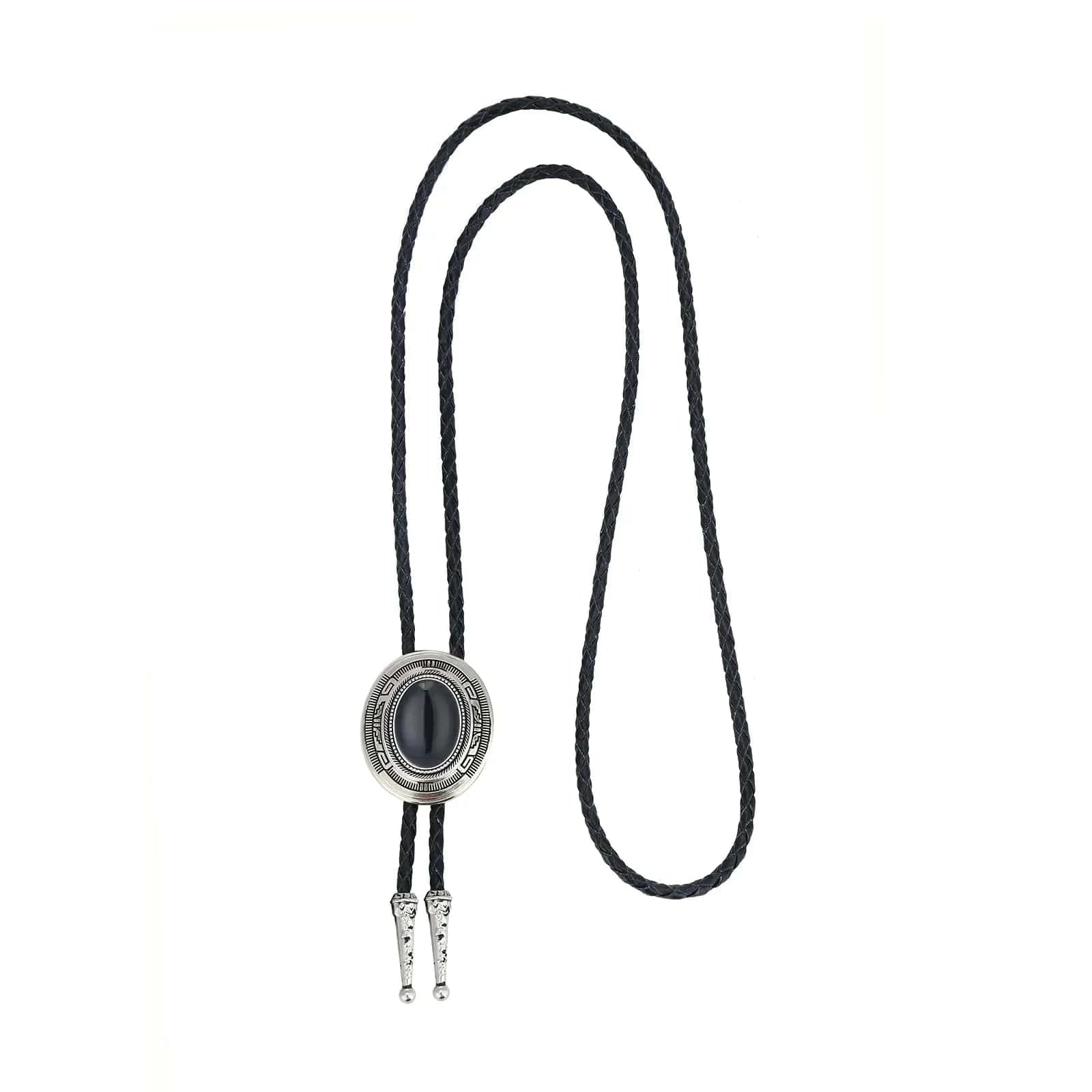Bolo tie i läder med metallhänge och färgad sten Svart