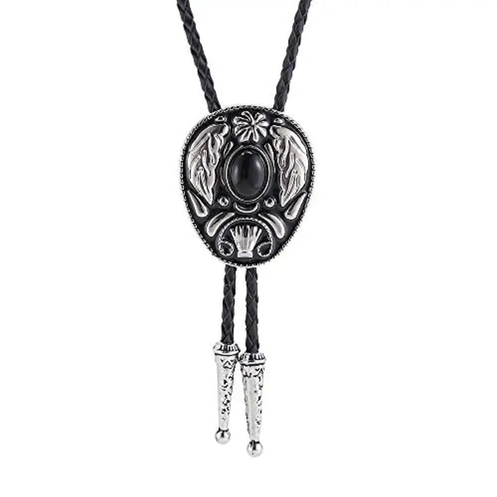 Bolo tie med dekorativ sten och lövmönstrad i vintage-stil Svart