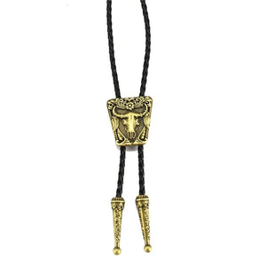 Bolo tie med oxskalle i metall och läderband Guld