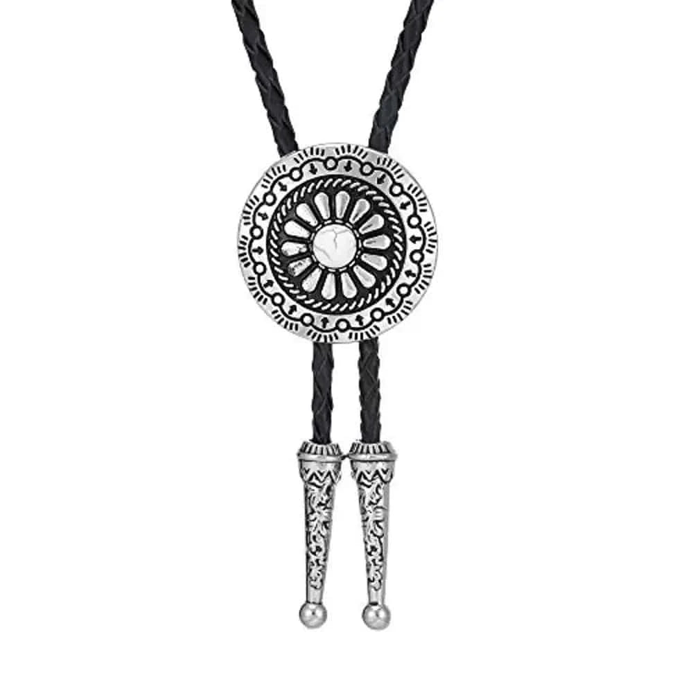 Bolo tie med runt metallhänge och lädersnöre Vit