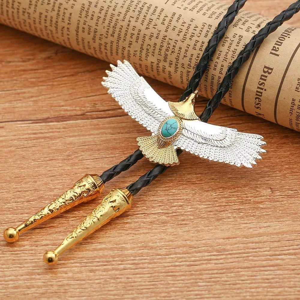 Bolo tie med silver- och guldfärgad örn och blå sten Silver och guld