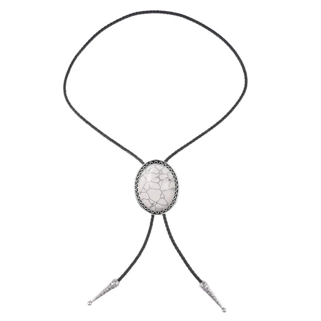 Bolo tie med vit marmormönstrad sten och flätat lädersnöre Vit