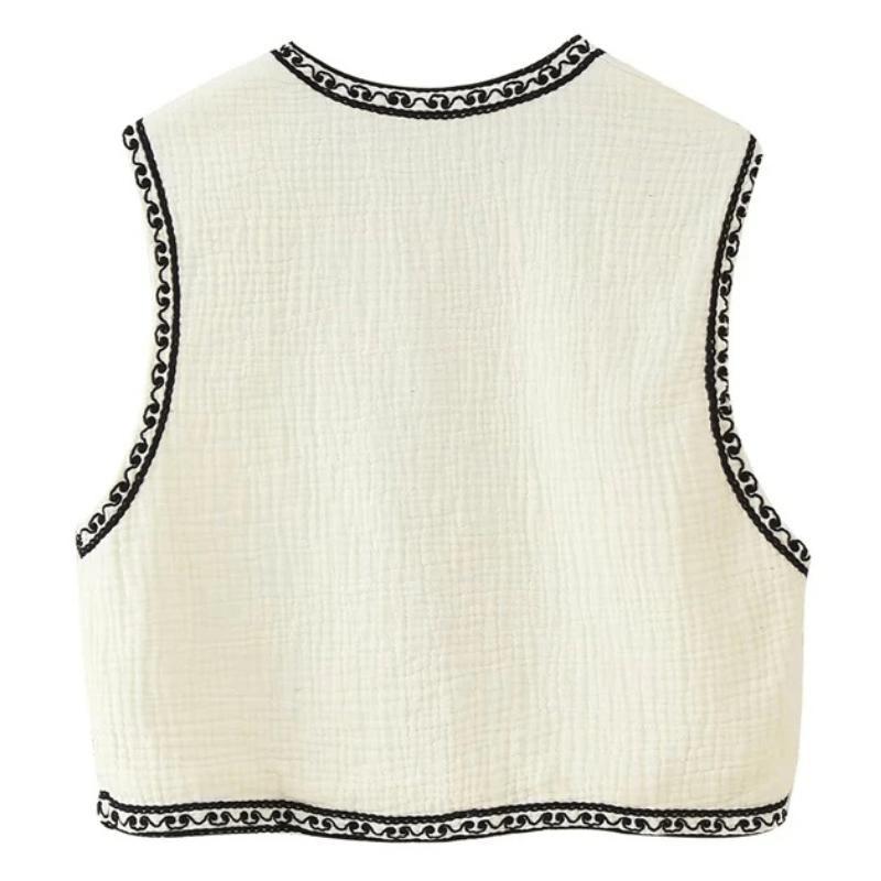 Broderad Dam Väst med Blommönster Svartvit Vintage Crop
