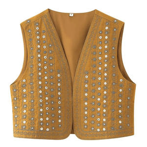Broderad Väst Dam med Paljetter Mörksenap / XS