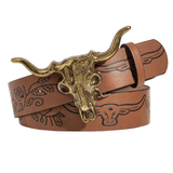 Brun westernbälte med tjurskalle i metall och graverat mönster Brun / 102cm