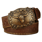 Brunt cowboyläderbälte Longhornhuvud / 120cm