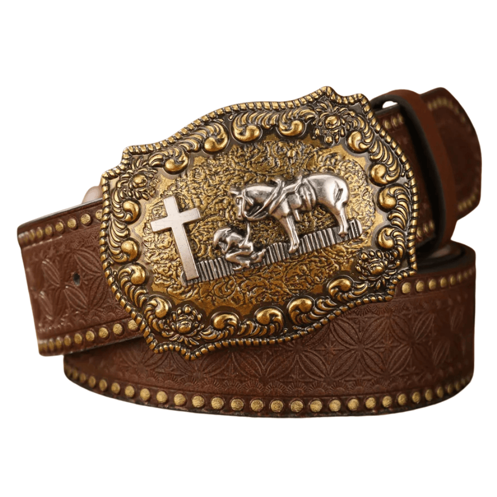 Brunt cowboyläderbälte Kors/häst / 120cm
