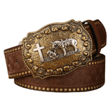 Brunt cowboyläderbälte Kors/häst / 120cm