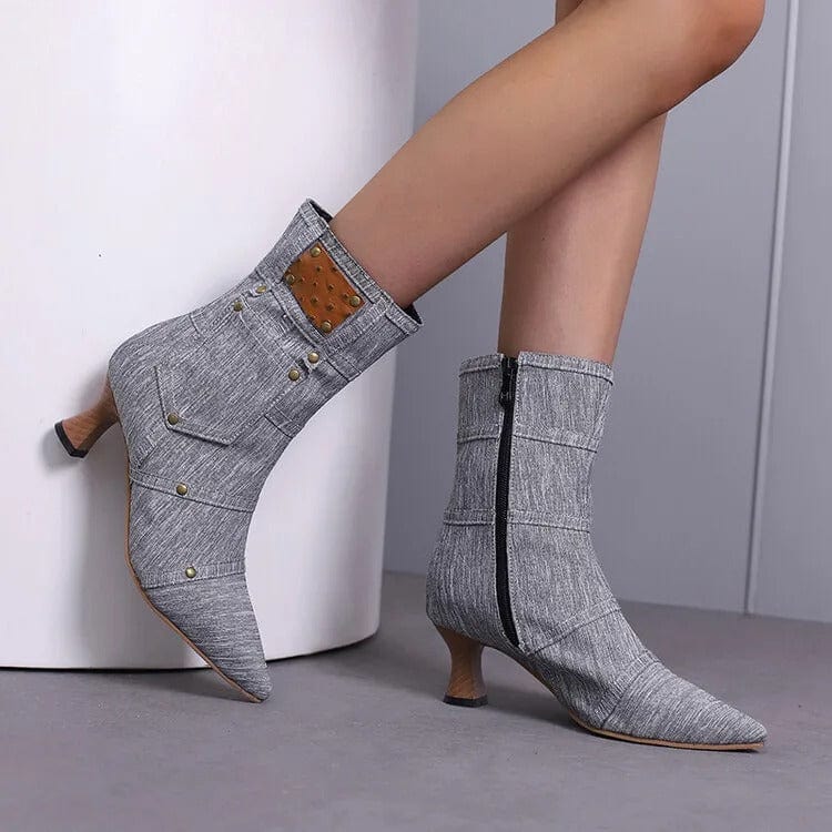 Cowboy stövletter i denim med ficka och nitar
