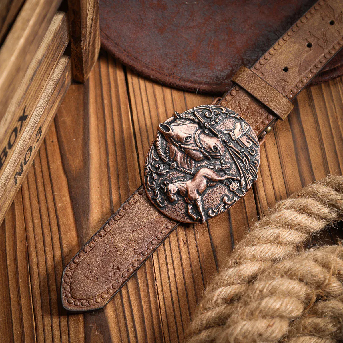 Cowboybälte antikbrons hästspänne