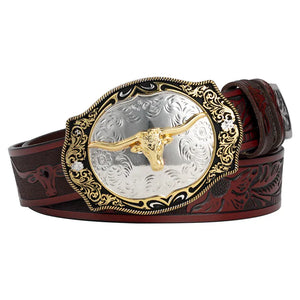 Cowboybälte i läder tjurhuvudspänne Rödbrun 1 / 95cm