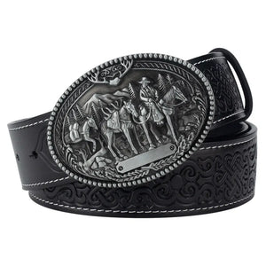 Cowboybälte i läder westernspänne Silver Svart / 90cm