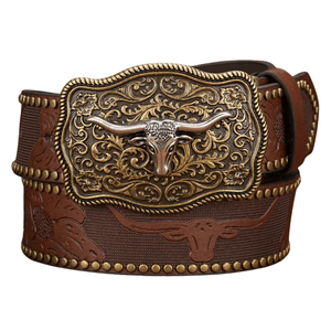 Cowboybältet med graverat longhornsspänne Mörkbrun / 120cm