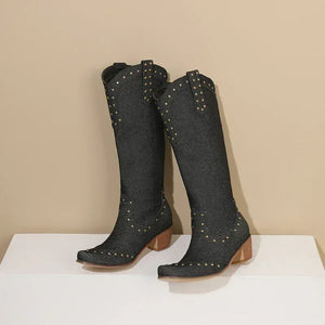 Cowboyboots Denim med Nitar och Blockklack