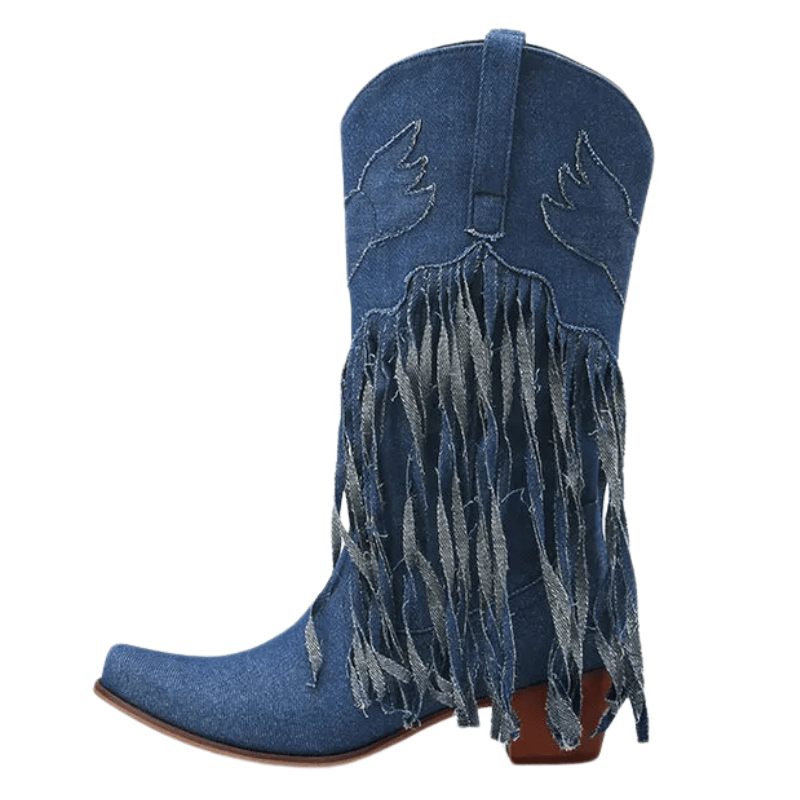 Cowboyboots i denim med fransar och blockklack