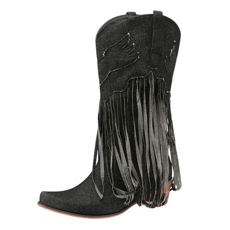Cowboyboots i denim med fransar och blockklack Svart / 35
