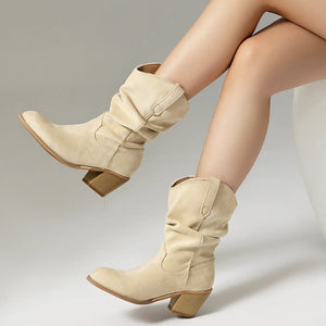 Cowboyboots i mjuk mocka med rynkad skaftdesign