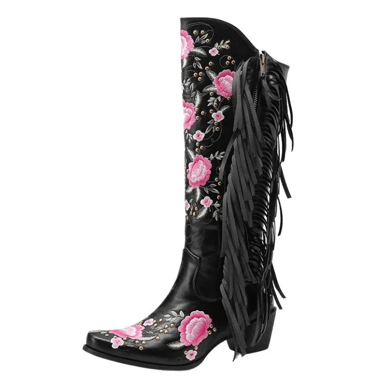 Cowboyboots med blombroderi och fransar