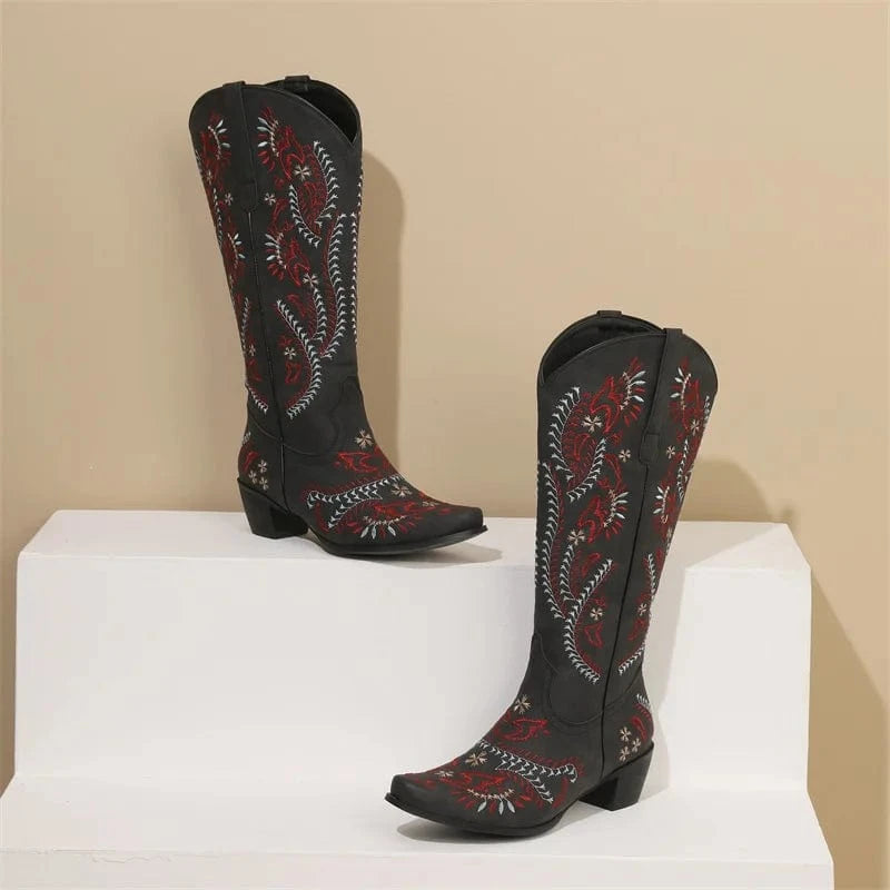 Cowboyboots med broderad design och blockklack
