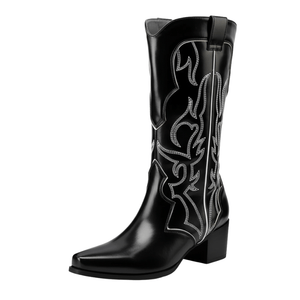 Cowboyboots med broderad westernstil i lyxigt läderlook Svart / 35