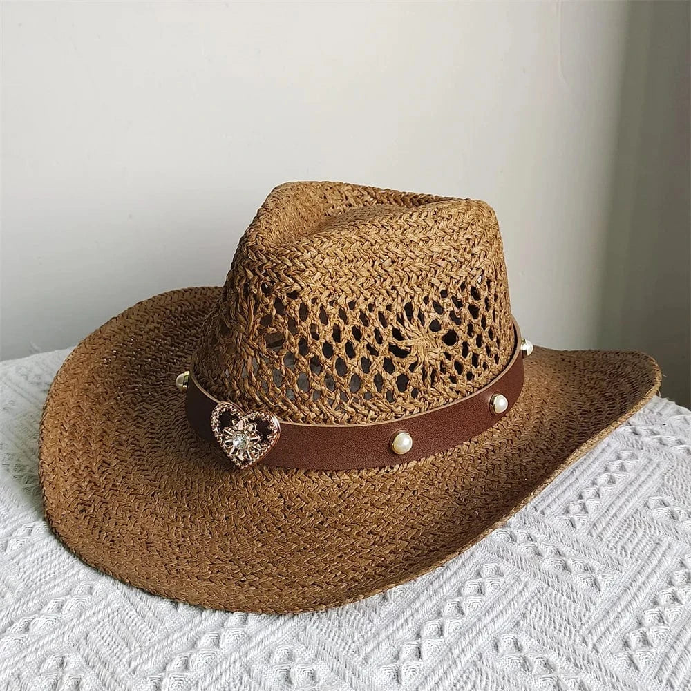 Cowboyhatt i halm med hjärta Ljusbrun