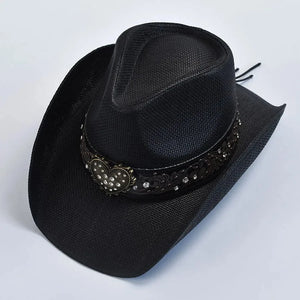 Cowboyhatt i svart flätad halmlook med hjärtspänne Svart / One Size