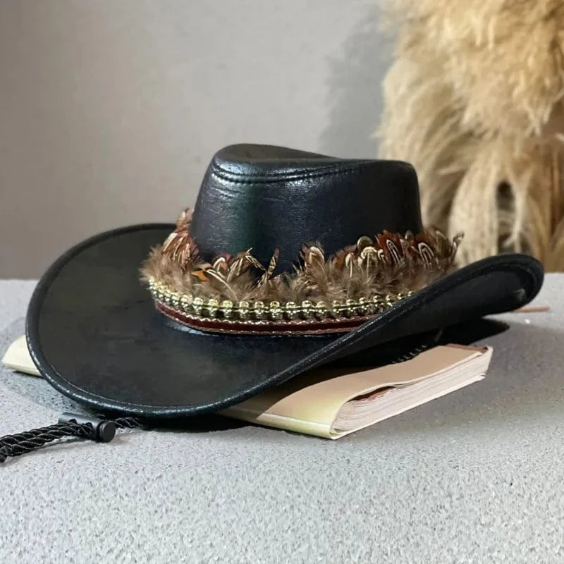 Cowboyhatt med fjäderband Svart / 56-58cm