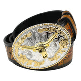 Cowboyläderbälte gyllene tjurspänne Kamel / 95cm