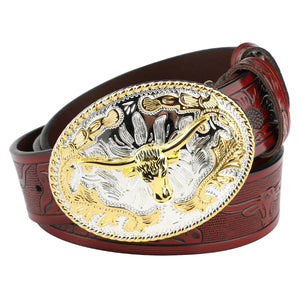 Cowboyläderbälte gyllene tjurspänne Rödbrun / 95cm