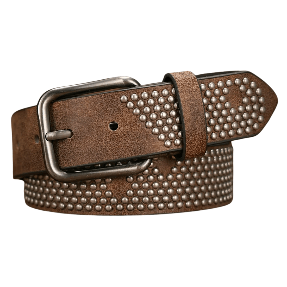 Cowboyläderbälte med Nitmönster Ljusbrun  Silver / 120cm