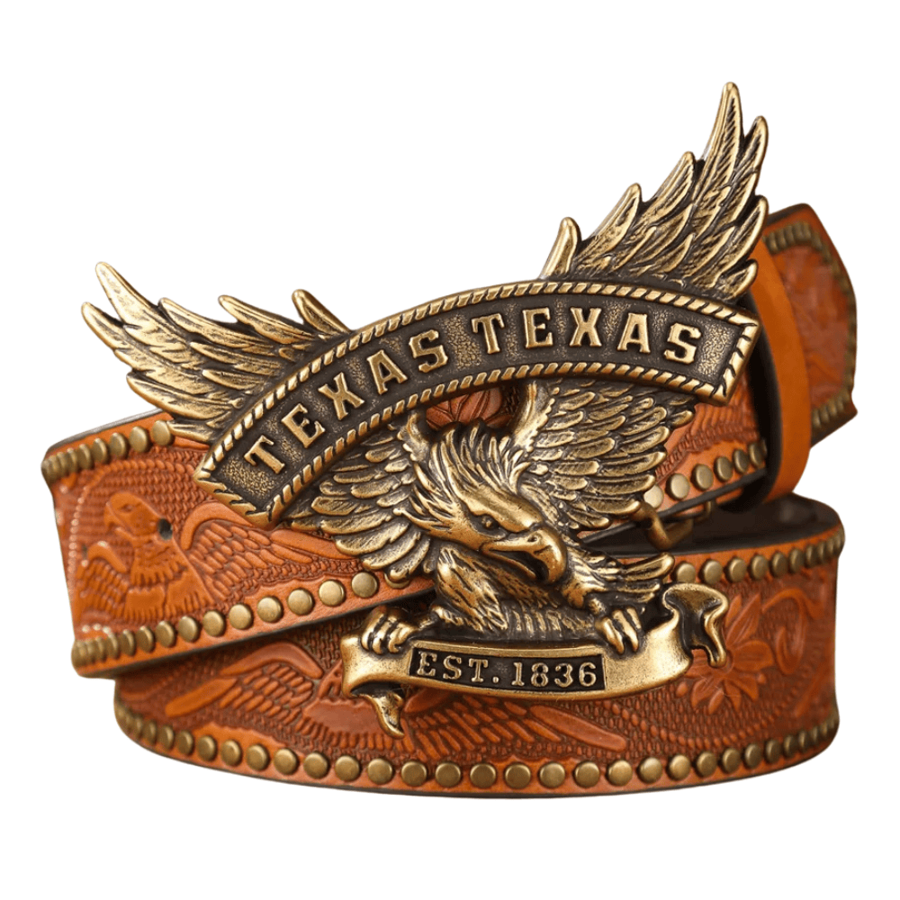 Cowboyläderbälte med Texas örnspänne Kamel guld / 120cm