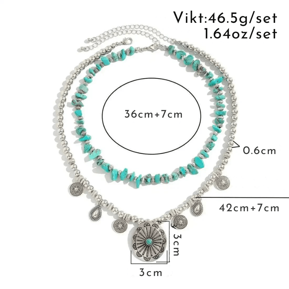 Dubbelt western-halsband med turkos och silverberlocker Silver med turkosblå