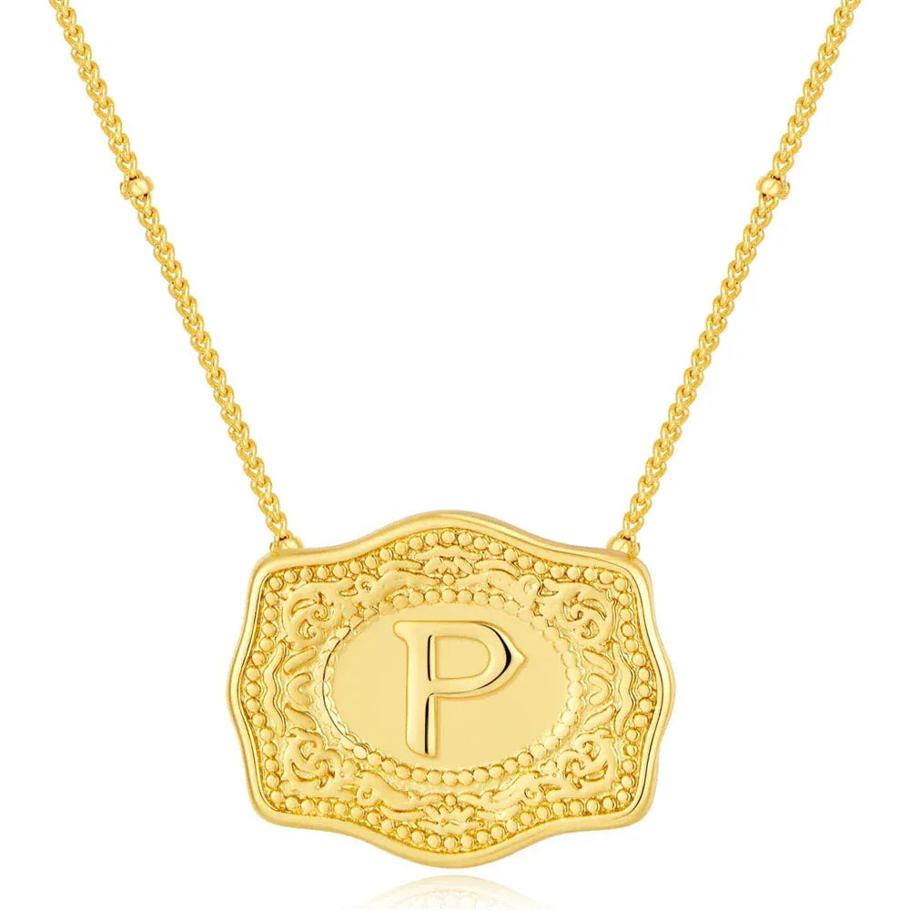 Embossed Belt Buckle Pendant Necklace for Men Punk Jewelry Gold Color A-Z Initial Letter Necklaces Women Western Jewelry Gift P / Silver / CHINA