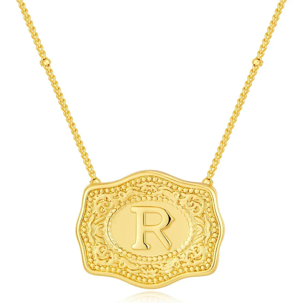Embossed Belt Buckle Pendant Necklace for Men Punk Jewelry Gold Color A-Z Initial Letter Necklaces Women Western Jewelry Gift R / Silver / CHINA