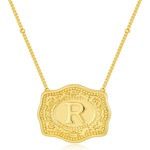 Embossed Belt Buckle Pendant Necklace for Men Punk Jewelry Gold Color A-Z Initial Letter Necklaces Women Western Jewelry Gift R / Silver / CHINA