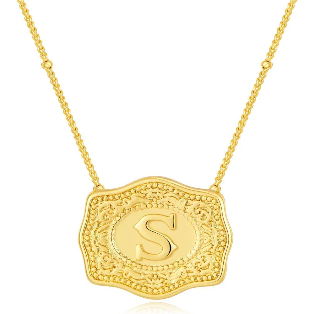 Embossed Belt Buckle Pendant Necklace for Men Punk Jewelry Gold Color A-Z Initial Letter Necklaces Women Western Jewelry Gift S / Silver / CHINA